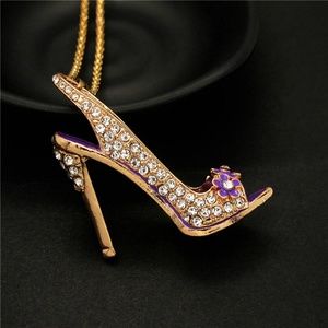 Gold Tone Purple Heels  Enamel Rhinestone Necklace